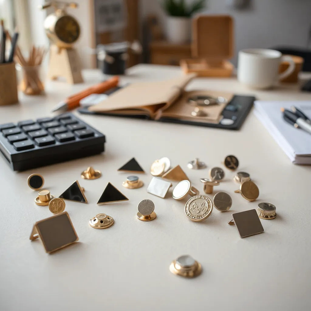 Colección de pins metálicos sobre una superficie clara, con distintos acabados y la base de sujeción visible