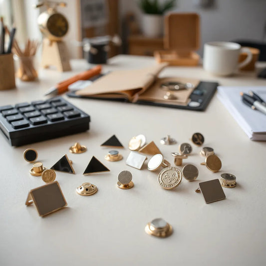 Colección de pins metálicos sobre una superficie clara, con distintos acabados y la base de sujeción visible