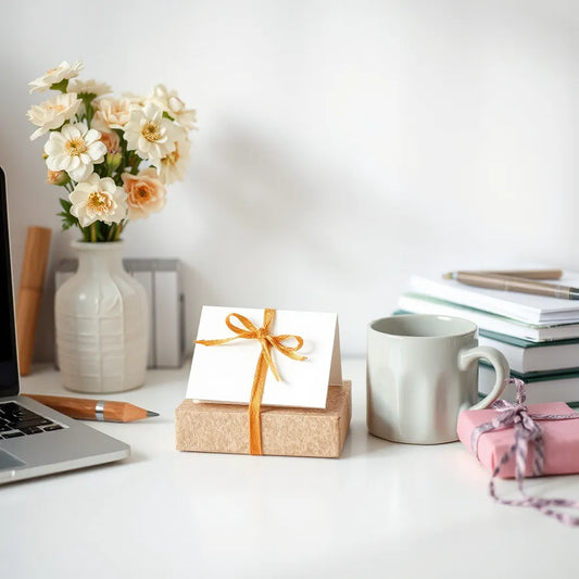 Escritorio de docente con caja de regalo, tarjeta y útiles de papelería bajo luz cálida