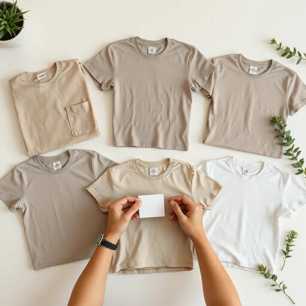 Manos ajustando un diseño sobre una camiseta personalizada en un estudio con t-shirts lisas