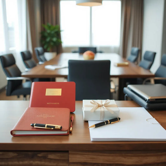Regalos institucionales elegantes sobre un escritorio: cuaderno, bolígrafo y caja con cinta