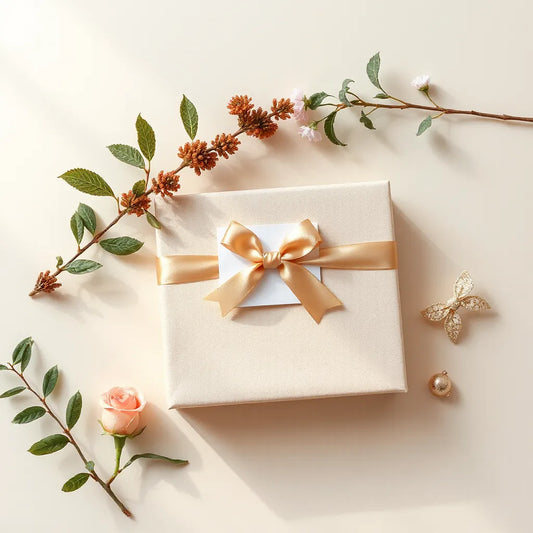 Caja de regalo elegante con cinta y tarjeta, junto a detalles para una celebración especial