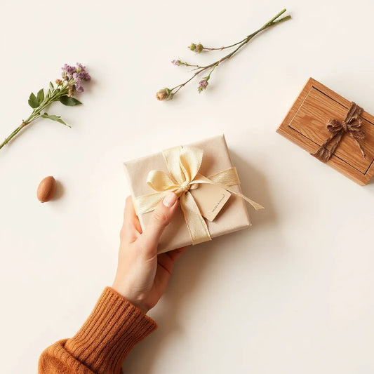 Manos atando una cinta a una caja de regalo con detalle artesanal y etiqueta de papel