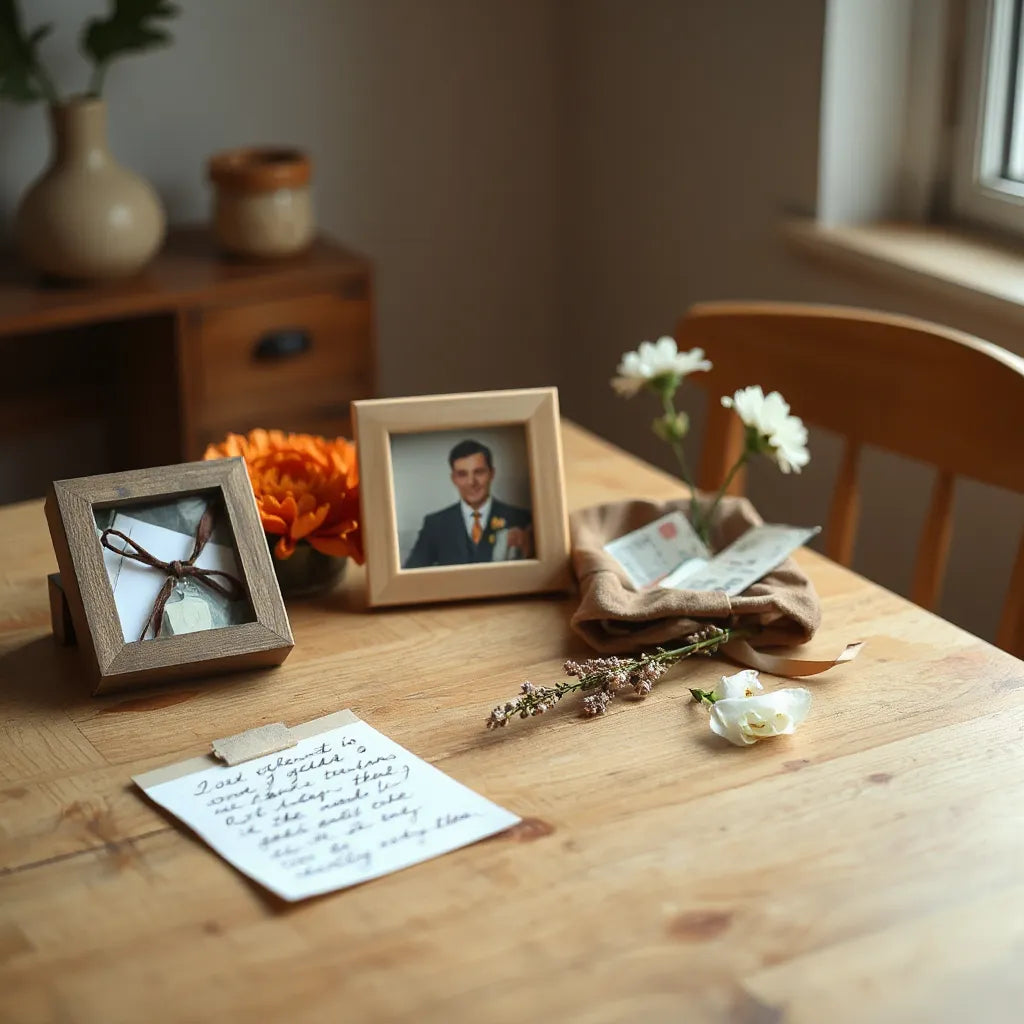Caja de recuerdos abierta con fotos, notas y flores secas sobre una mesa de madera con luz cálida