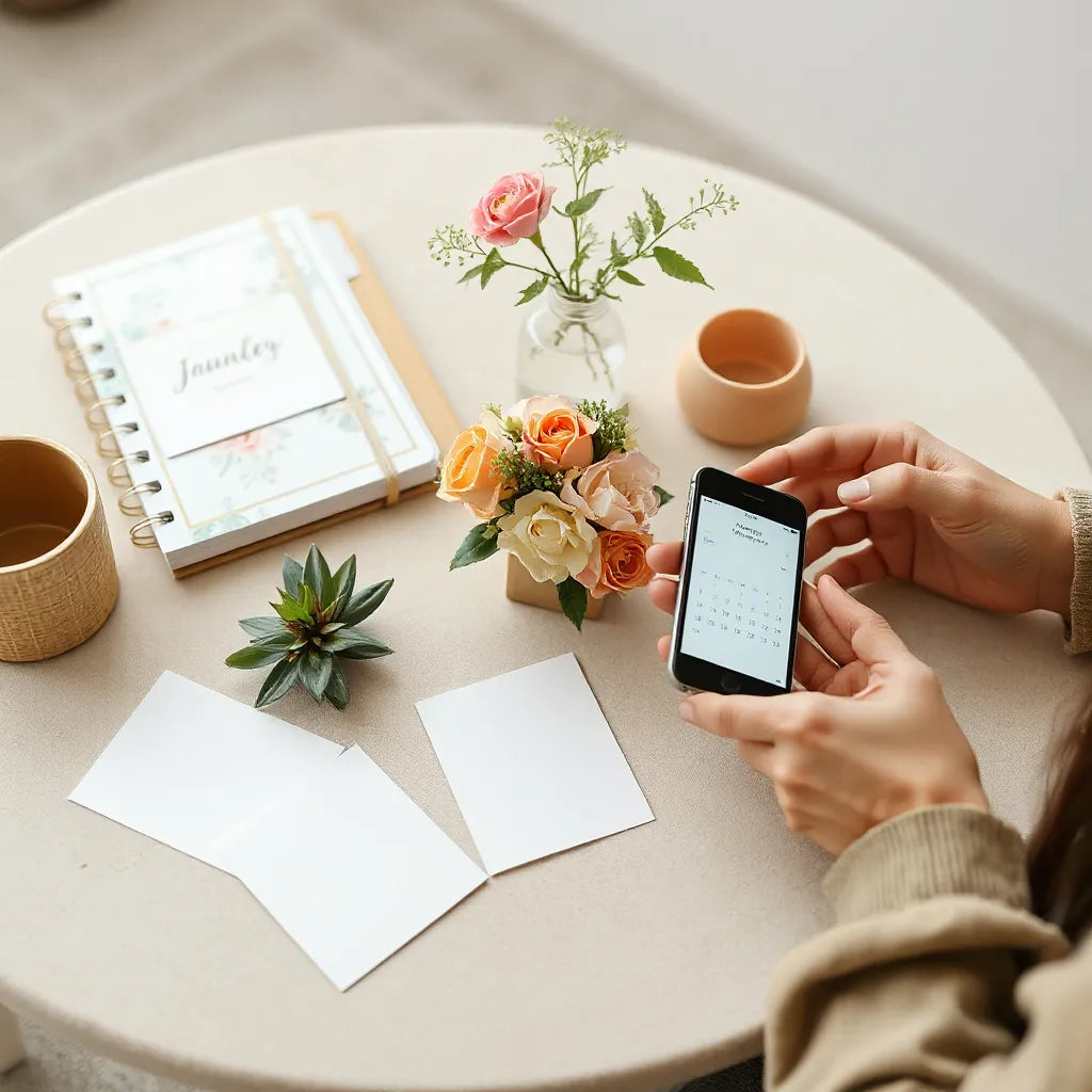 Mesa de planificación con invitaciones, un organizador y flores, mientras dos personas revisan opciones para un evento