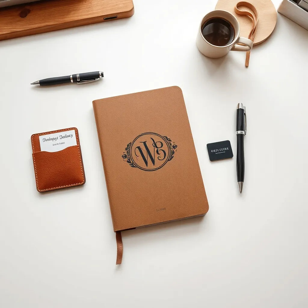Artículos profesionales personalizados sobre un escritorio: cuaderno con monograma, tarjetero y bolígrafo premium