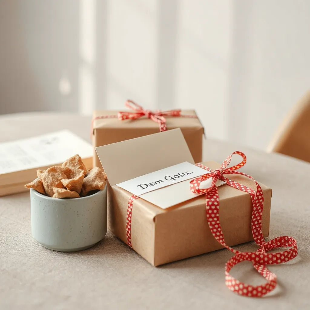 Conjunto de regalos envueltos y una tarjeta creativa sobre una mesa con luz natural cálida