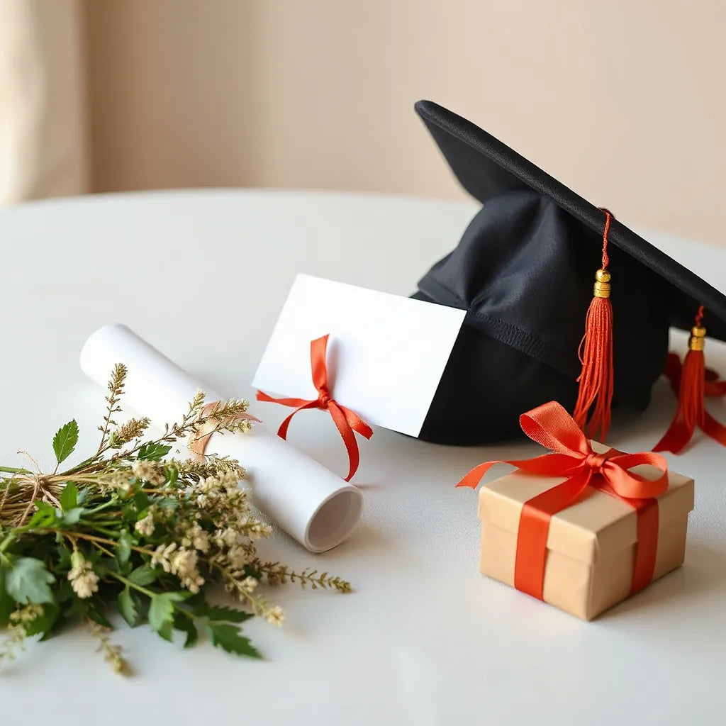 Mesa con birrete de graduación, diploma enrollado y regalos con tarjetas y cintas