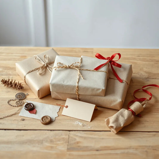 Conjunto de regalos originales envueltos con listones sobre una mesa de madera con detalles decorativos
