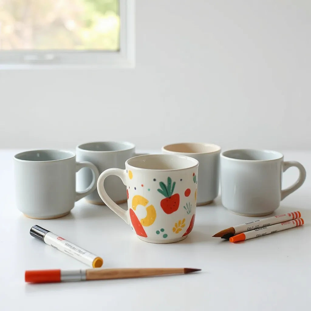 Mugs de cerámica, con un diseño personalizado a medio crear y útiles de marcado sobre una mesa