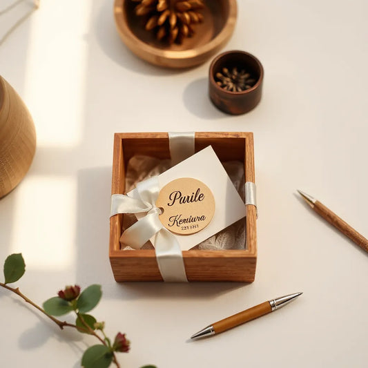 Caja de regalo con cinta y una placa con grabado personalizada junto a una tarjeta y bolígrafo