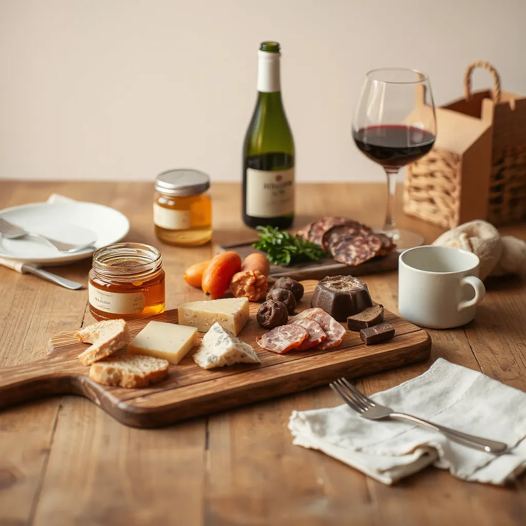 Mesa de madera con tabla gourmet artesanal, quesos, pan y vino bajo luz cálida natural