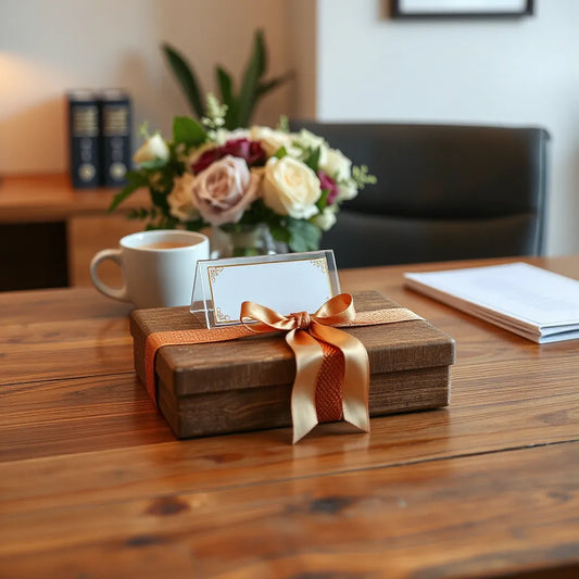 Regalo de reconocimiento con placa decorativa y cinta sobre un escritorio en un entorno profesional