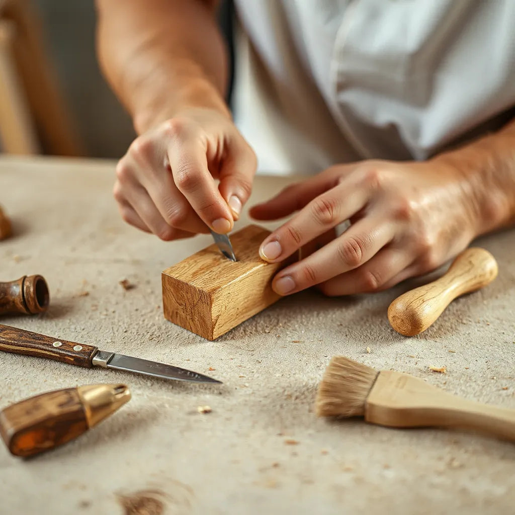 Manos artesanas revisando y terminando una pieza de madera con herramientas y acabados detallados