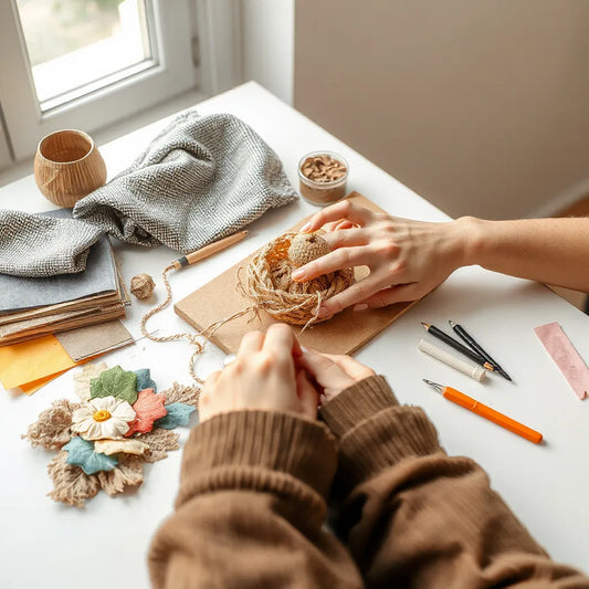 Manos creando una pieza artesanal original sobre una mesa de trabajo con materiales y un cuaderno de bocetos