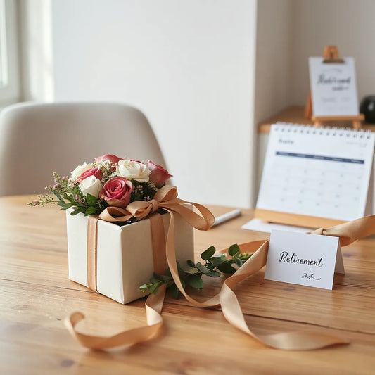 Cajita de regalo de jubilación con tarjeta y pequeño ramo sobre un escritorio de madera.