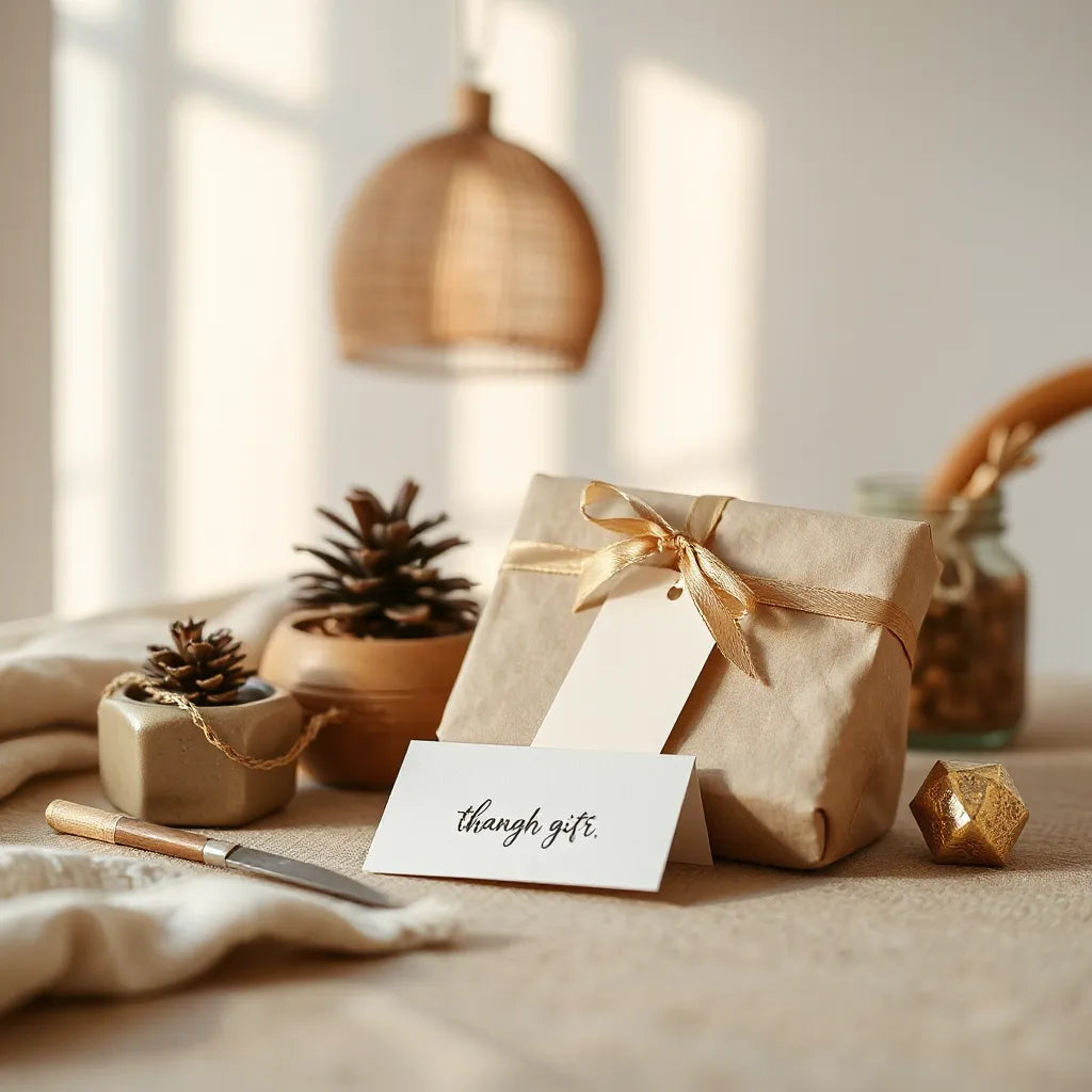 Regalos envueltos con cinta y una tarjeta manuscrita en una mesa con luz cálida