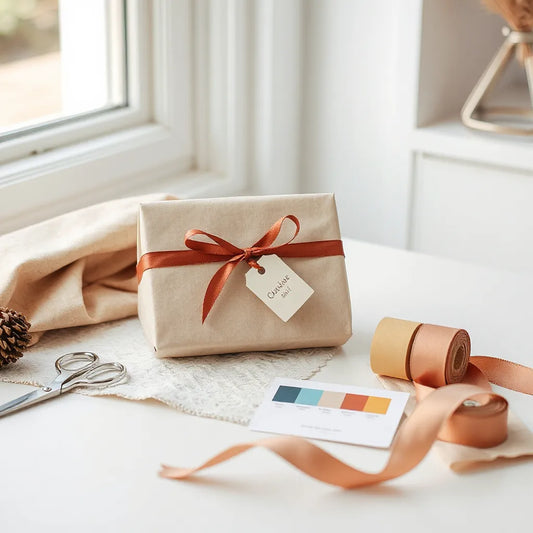 Regalo envuelto con cinta artesanal personalizada y materiales de personalización sobre una mesa