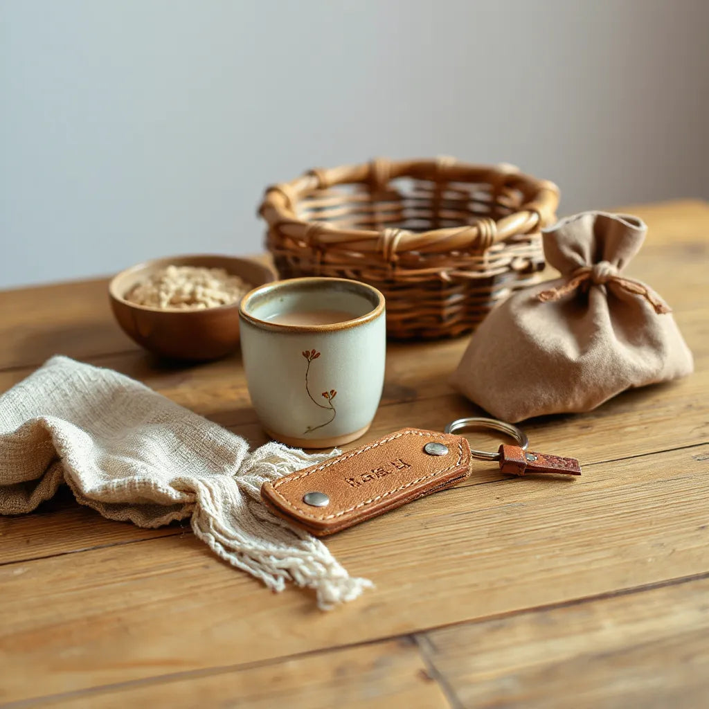 Variedad de artículos artesanales hechos a mano con detalles de cerámica, cuero y tejido sobre madera