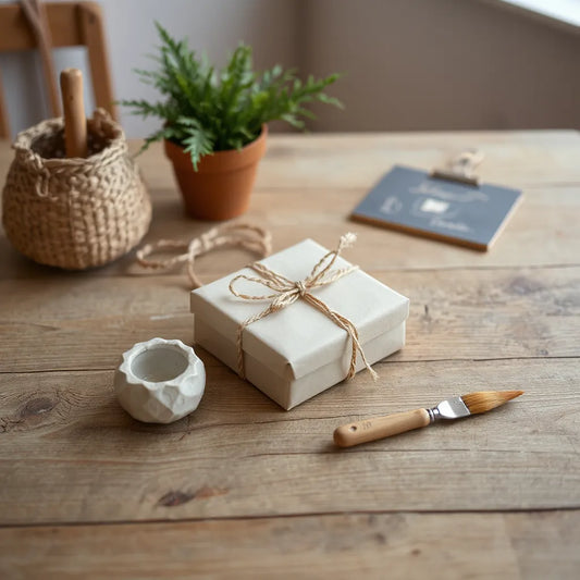Regalo artesanal con caja envuelta y pequeña pieza de arte sobre una mesa de madera