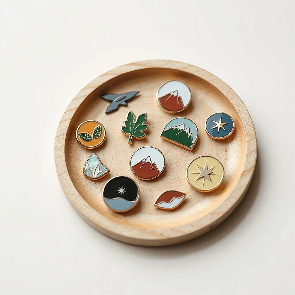 Colección de pines artesanales con diseños originales sobre una bandeja de madera clara