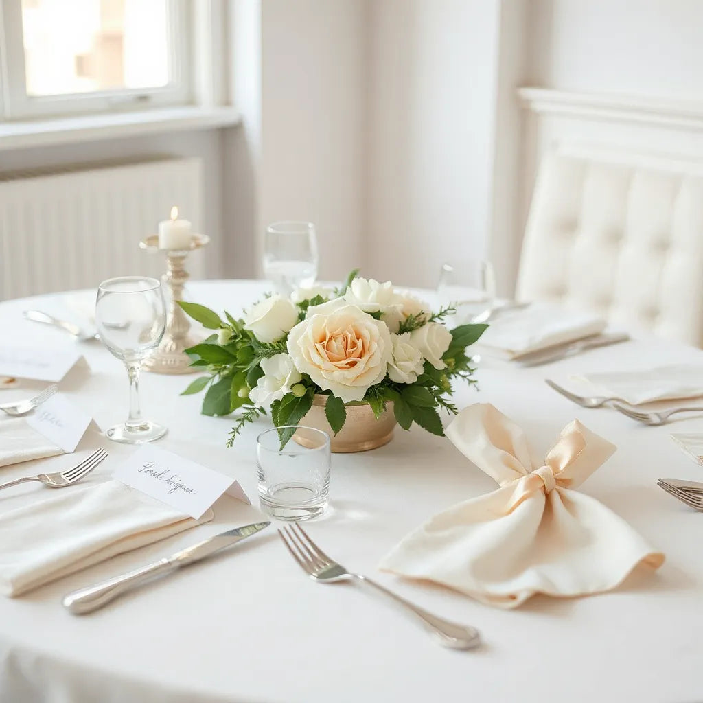 Mesa de banquete con centro floral, velas y detalles elegantes para bodas