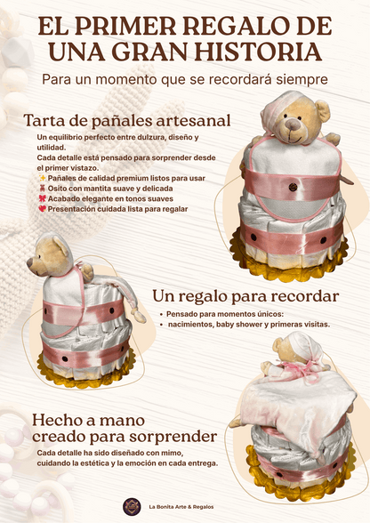 Tarta de pañales para bebé con osito rosa – Regalo original recién nacido