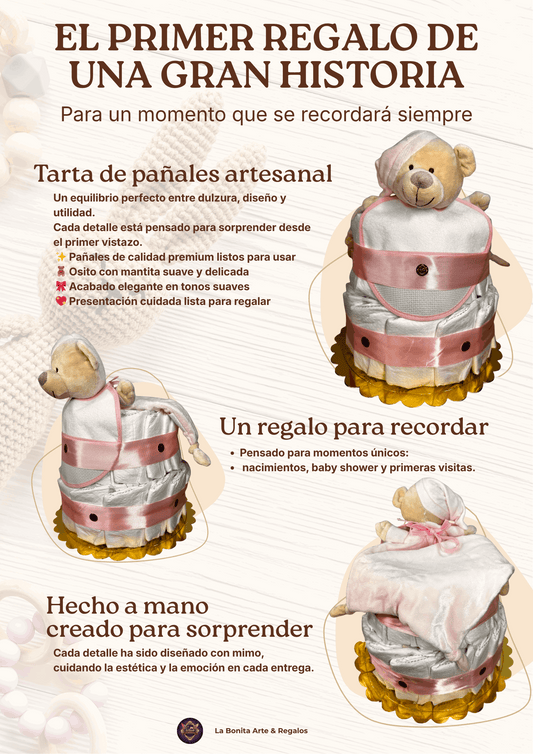 Tarta de pañales para bebé con osito rosa – Regalo original recién nacido