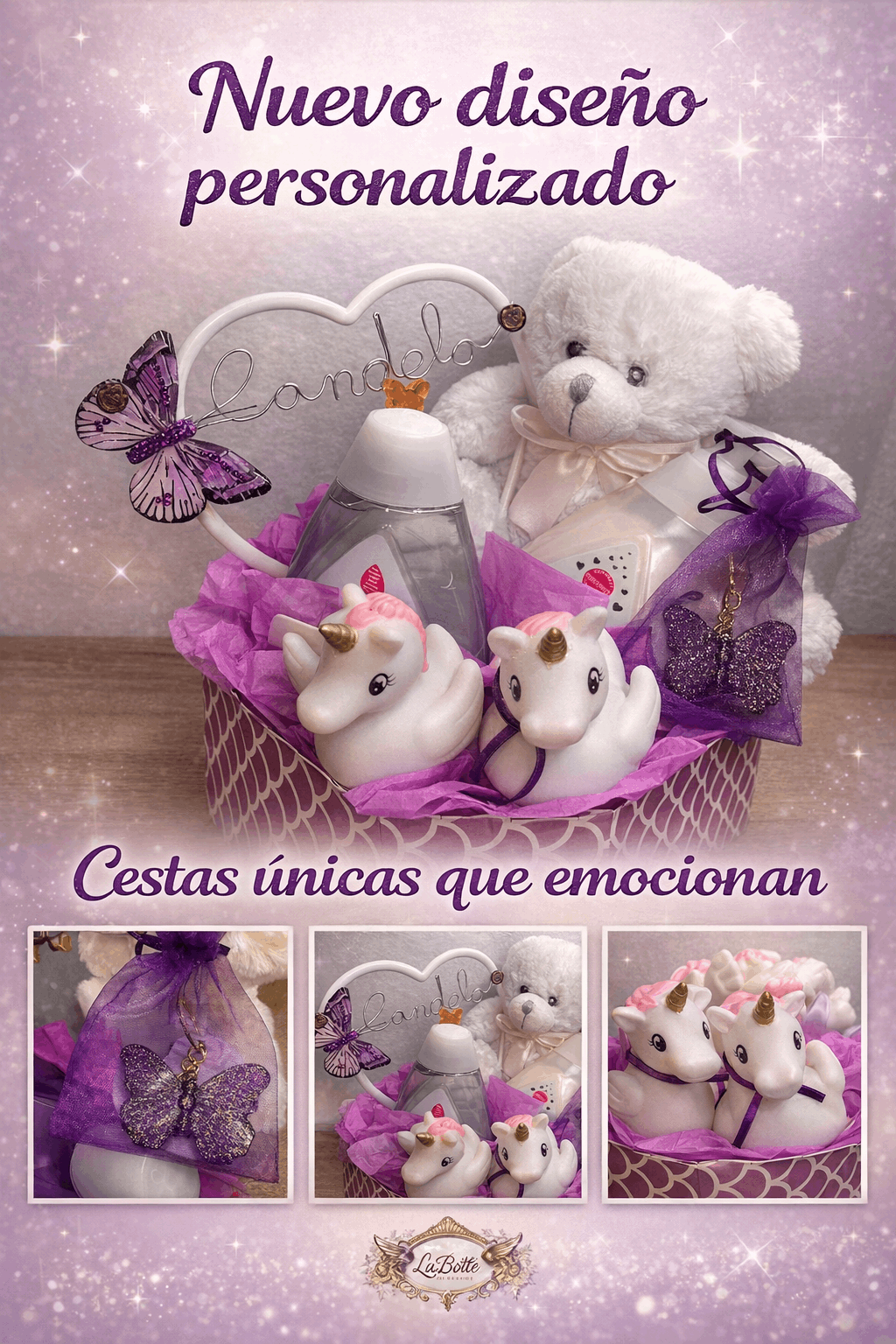 Cesta bebé personalizada con osito y unicornio | Regalo original baby shower