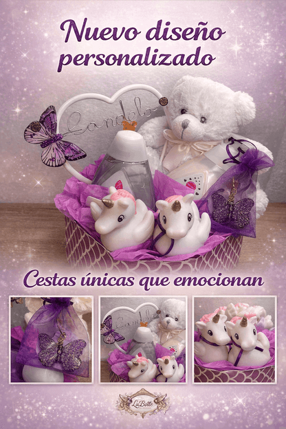 Cesta bebé personalizada con osito y unicornio | Regalo original baby shower