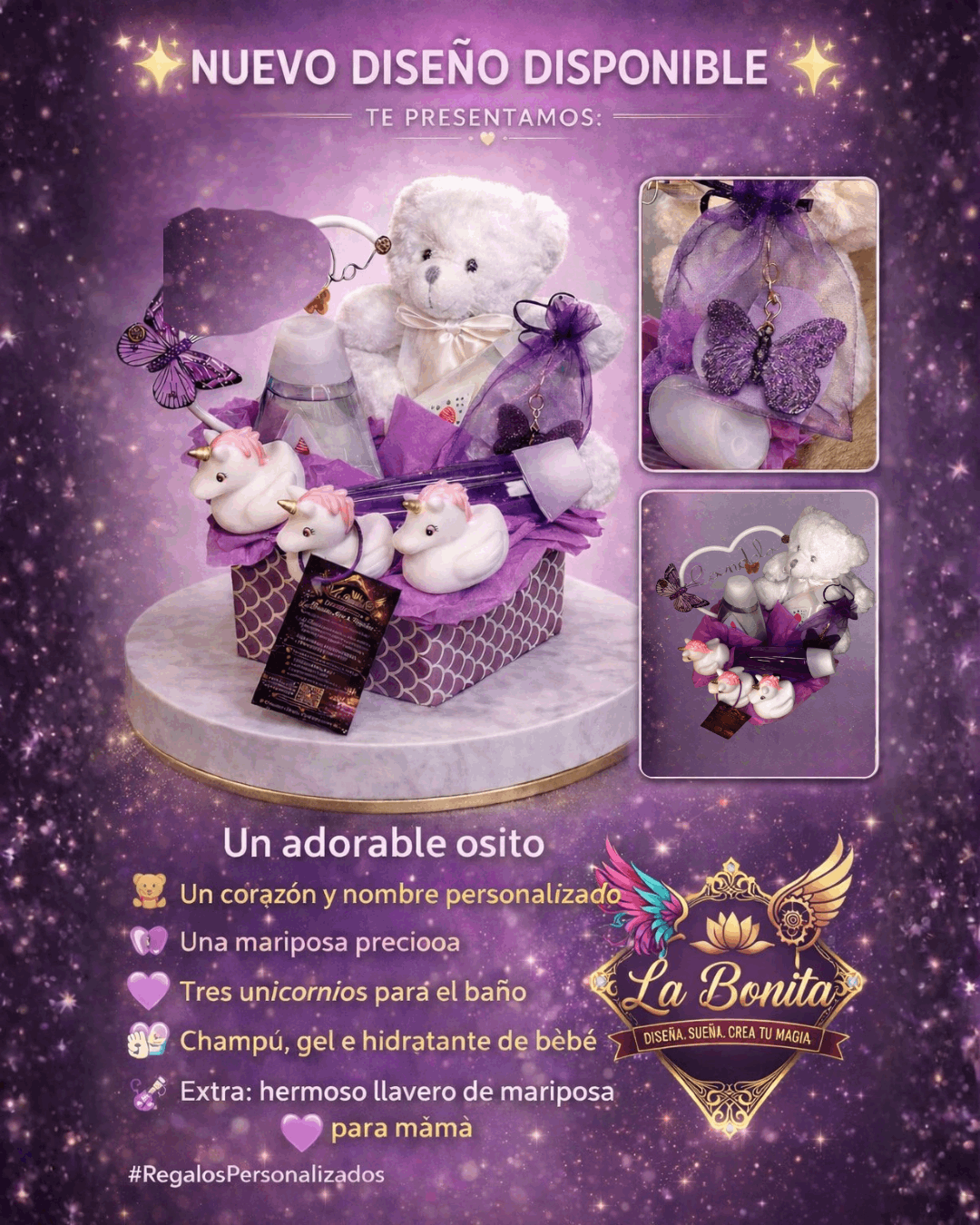Cesta bebé personalizada con osito y unicornio | Regalo original baby shower