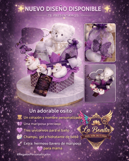 Cesta bebé personalizada con osito y unicornio | Regalo original baby shower