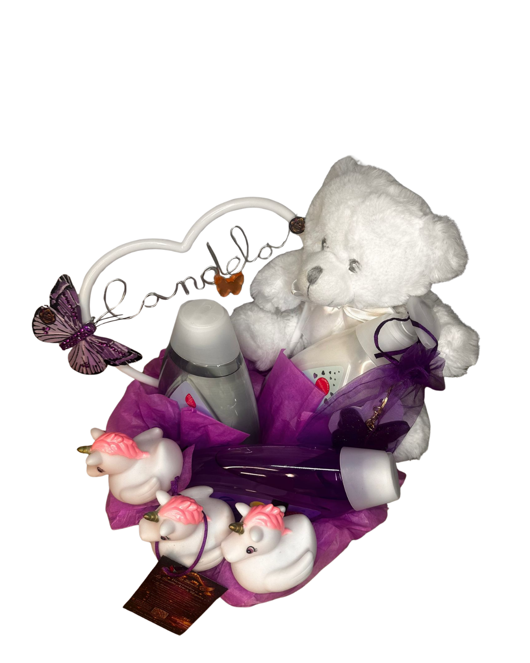 Cesta bebé personalizada con osito y unicornio | Regalo original baby shower