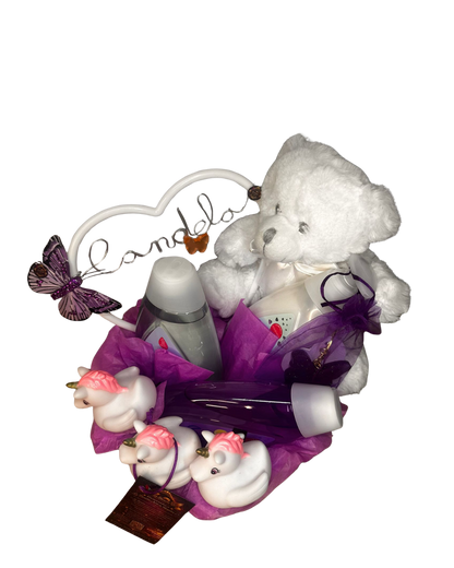 Cesta bebé personalizada con osito y unicornio | Regalo original baby shower